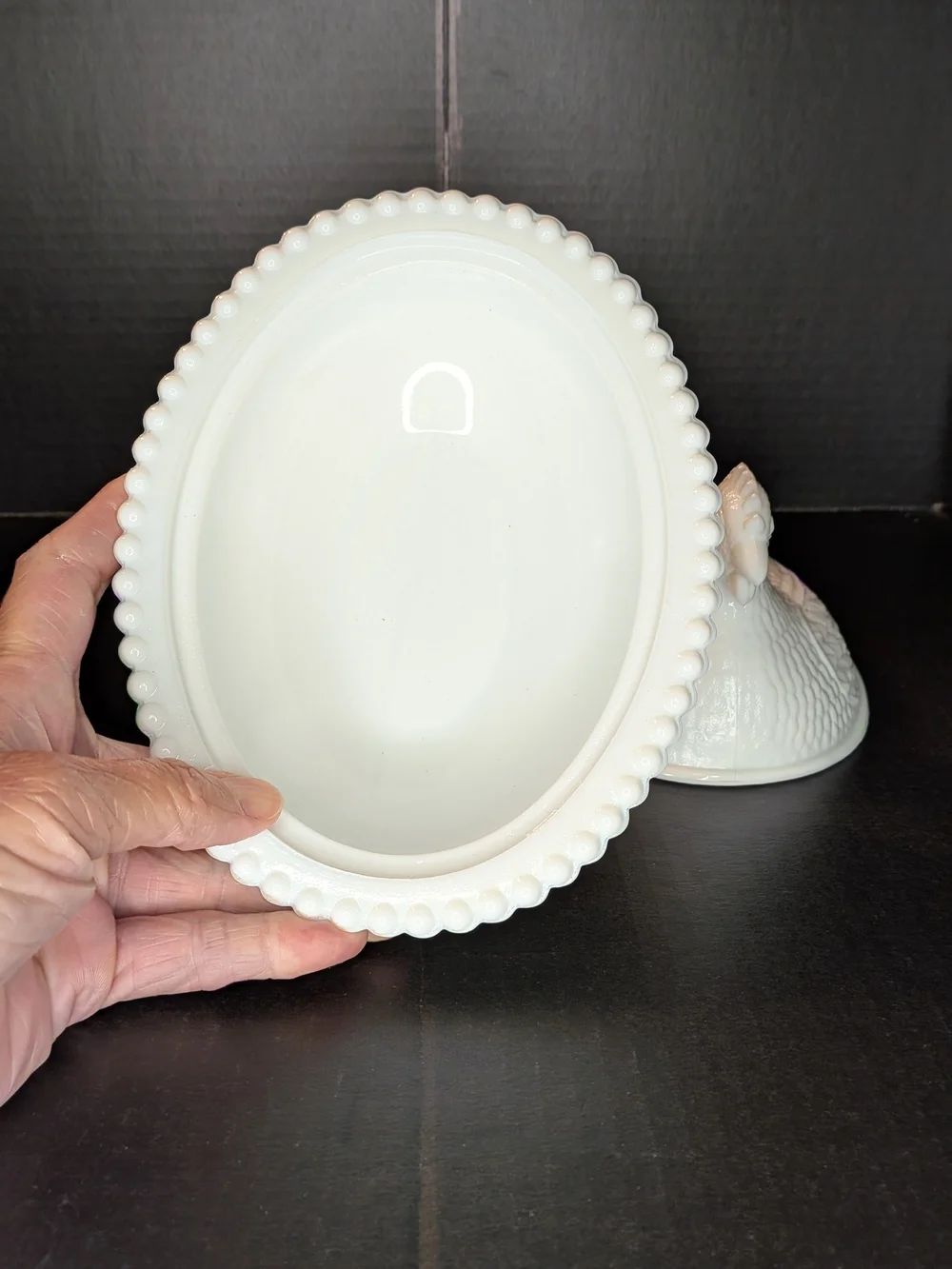 Vintage Indiana White Milk Glass Hen on Nest Covered Dish Beaded Edge Glossy